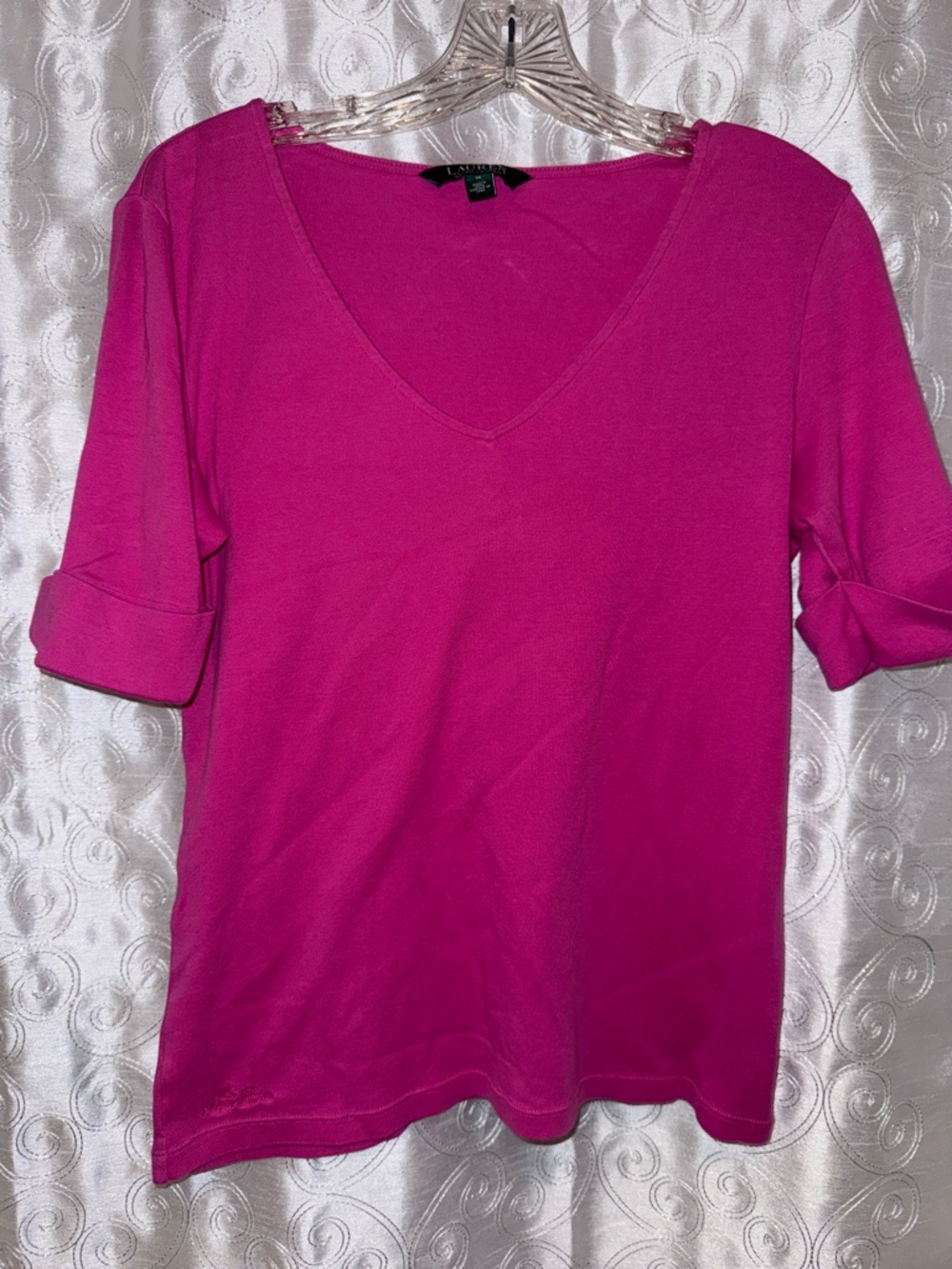 Ralph Lauren Fuchsia Pink V-Neck Roll-Tab Sleeve Top Women’s Size Medium